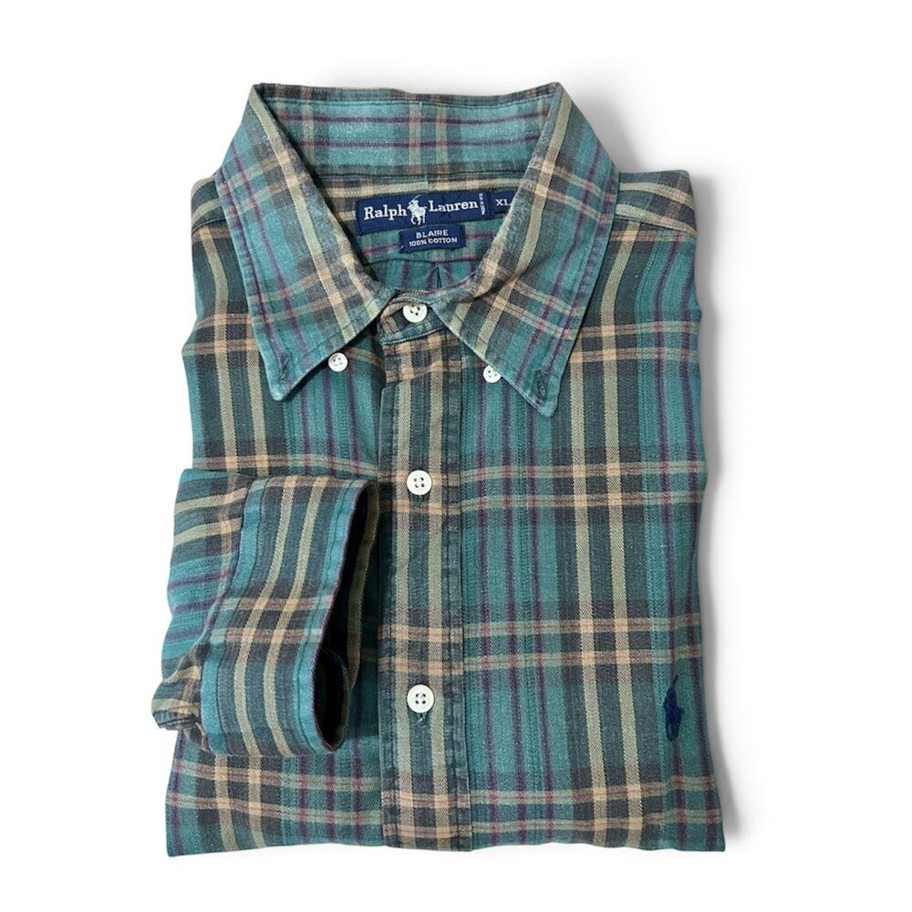 Ralph Lauren Blaire Button Down Shirt Men XL Green Plaid Long Sleeve Vintage 90s